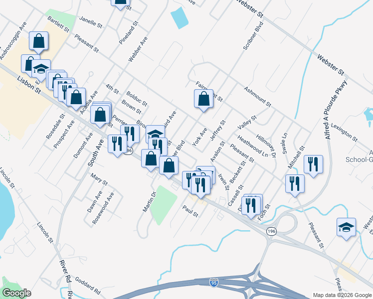 map of restaurants, bars, coffee shops, grocery stores, and more near 9 Nash Street in Lewiston