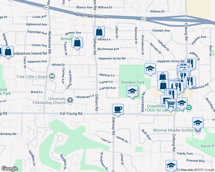 map of restaurants, bars, coffee shops, grocery stores, and more near 2145 Carmel Avenue in Eugene