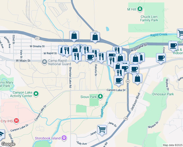 map of restaurants, bars, coffee shops, grocery stores, and more near 616 Harter Drive in Rapid City