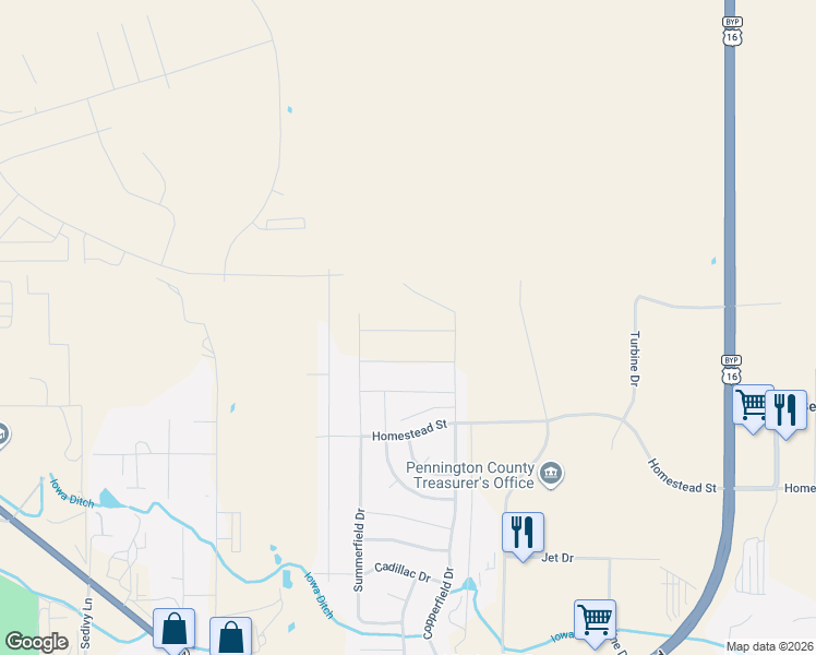 map of restaurants, bars, coffee shops, grocery stores, and more near 3216 Homestead Street in Rapid City