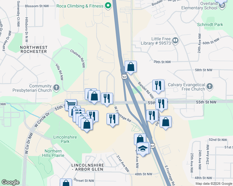 map of restaurants, bars, coffee shops, grocery stores, and more near 5522 Clearwater Road Northwest in Rochester