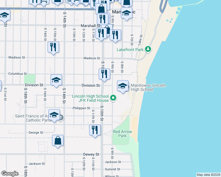map of restaurants, bars, coffee shops, grocery stores, and more near 917 Division Street in Manitowoc