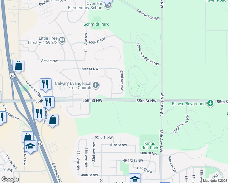 map of restaurants, bars, coffee shops, grocery stores, and more near 5517 23rd Avenue Northwest in Rochester