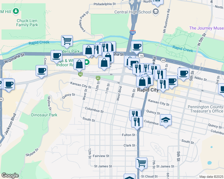 map of restaurants, bars, coffee shops, grocery stores, and more near 1016 Kansas City Street in Rapid City