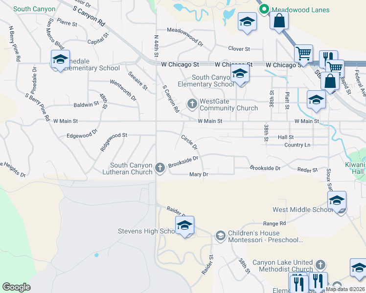 map of restaurants, bars, coffee shops, grocery stores, and more near 628 43rd Ct in Rapid City