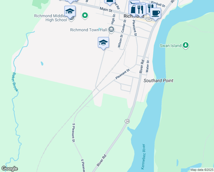 map of restaurants, bars, coffee shops, grocery stores, and more near 189 South Pleasant Street in Bowdoinham