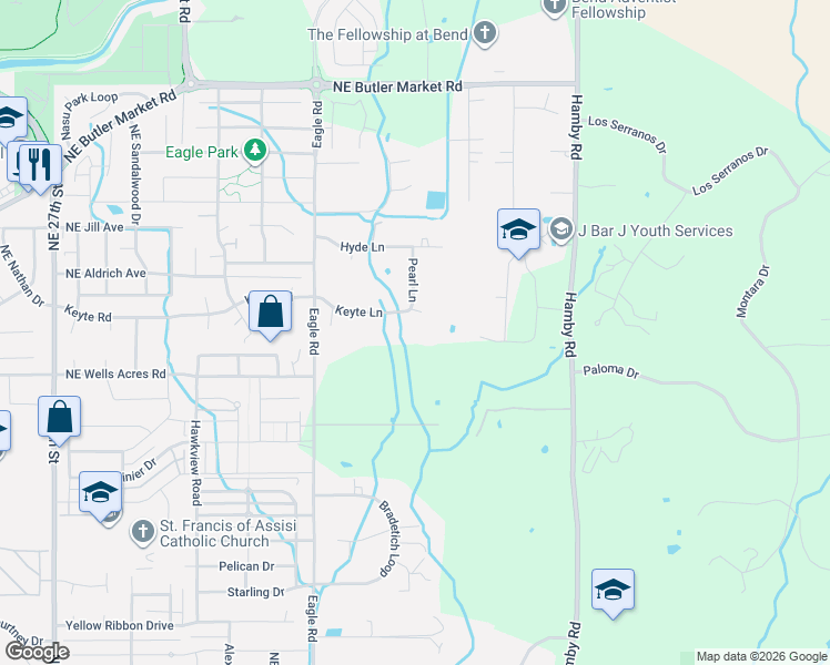 map of restaurants, bars, coffee shops, grocery stores, and more near 21473 Keyte Lane in Bend