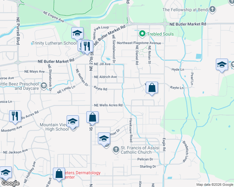 map of restaurants, bars, coffee shops, grocery stores, and more near 3016 Northeast Pacific Crest Drive in Bend