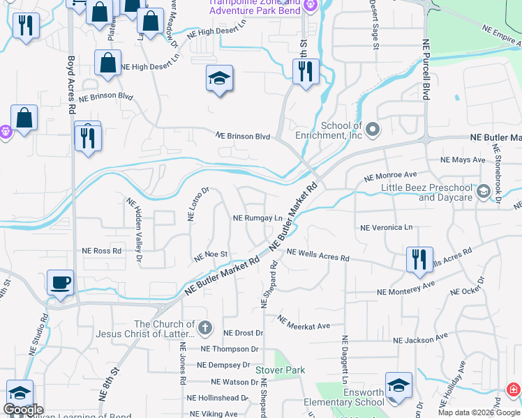 map of restaurants, bars, coffee shops, grocery stores, and more near 3005 Northeast Roxy Place in Bend