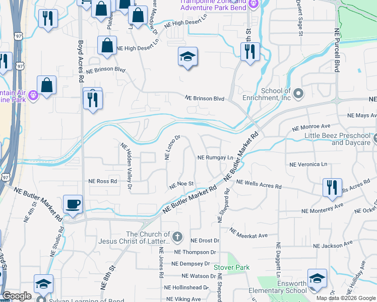 map of restaurants, bars, coffee shops, grocery stores, and more near 3023 Northeast Waller Drive in Bend