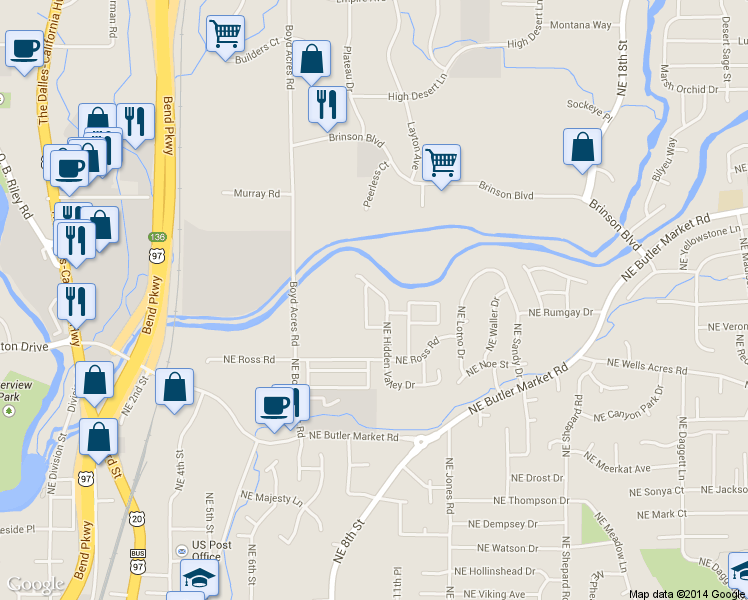 map of restaurants, bars, coffee shops, grocery stores, and more near 839 Northeast Hidden Valley Drive in Bend