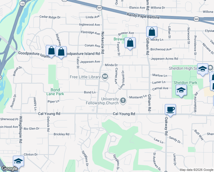 map of restaurants, bars, coffee shops, grocery stores, and more near 1629 Larkspur Loop in Eugene