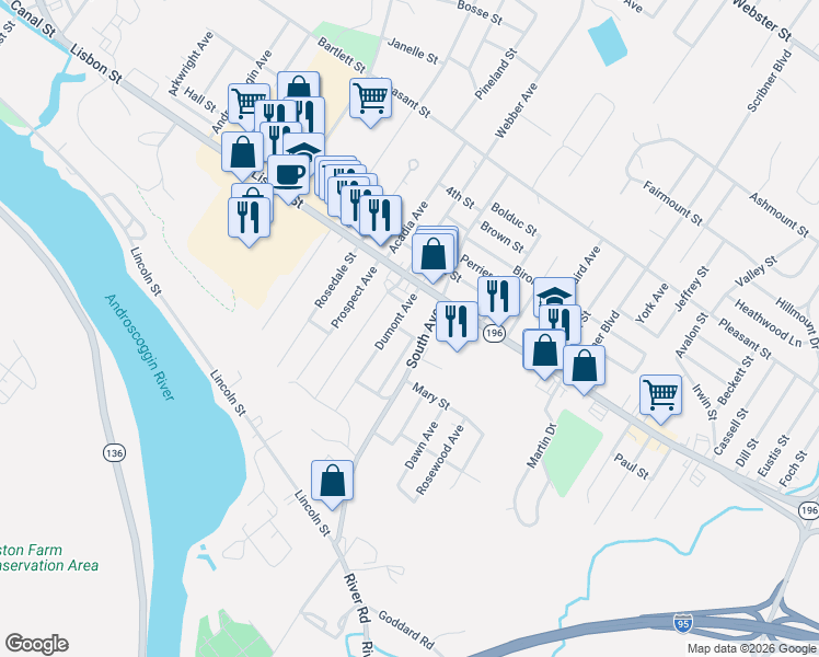 map of restaurants, bars, coffee shops, grocery stores, and more near 10 Frechette Street in Lewiston