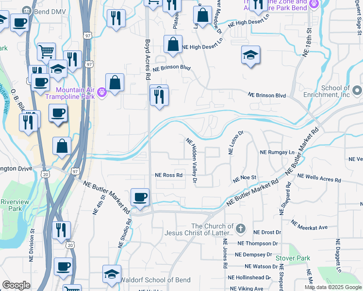 map of restaurants, bars, coffee shops, grocery stores, and more near 3071 Northeast Weddell Street in Bend