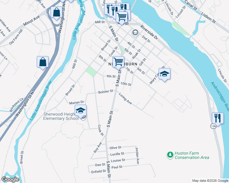 map of restaurants, bars, coffee shops, grocery stores, and more near 149 South Main Street in Auburn