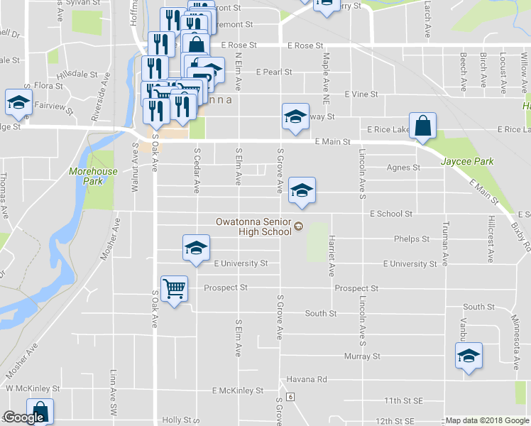map of restaurants, bars, coffee shops, grocery stores, and more near 233 East School Street in Owatonna