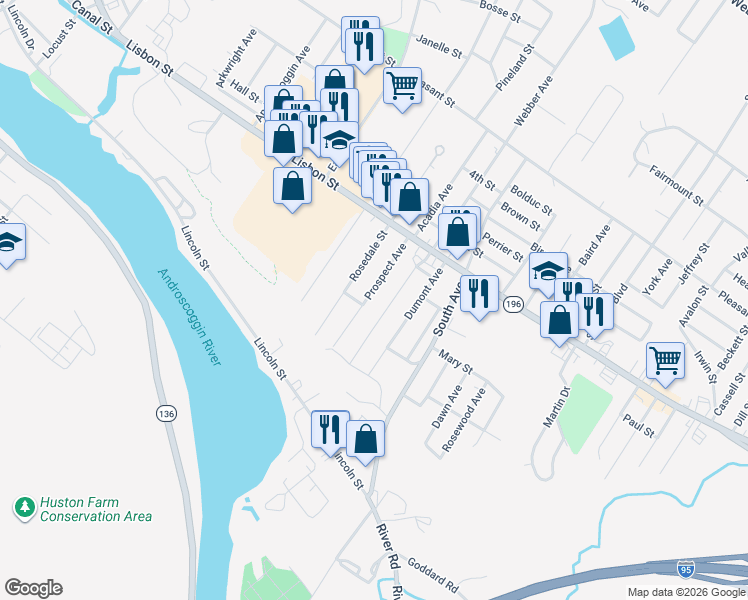 map of restaurants, bars, coffee shops, grocery stores, and more near 77 Prospect Avenue in Lewiston