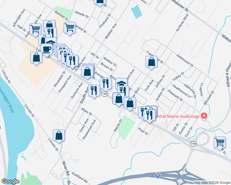 map of restaurants, bars, coffee shops, grocery stores, and more near 12 Baird Avenue in Lewiston