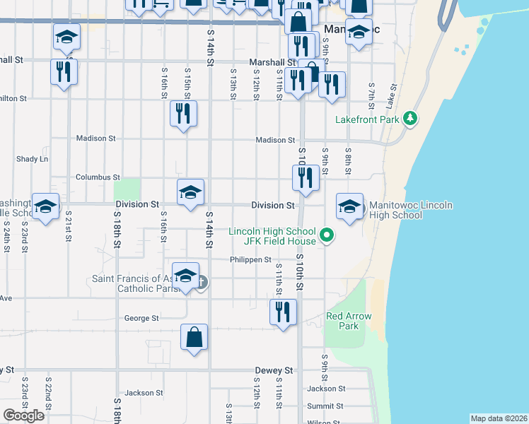 map of restaurants, bars, coffee shops, grocery stores, and more near 1511 South 12th Street in Manitowoc