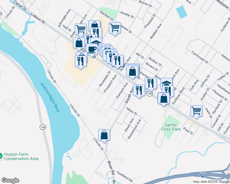 map of restaurants, bars, coffee shops, grocery stores, and more near 99 Webber Avenue in Lewiston