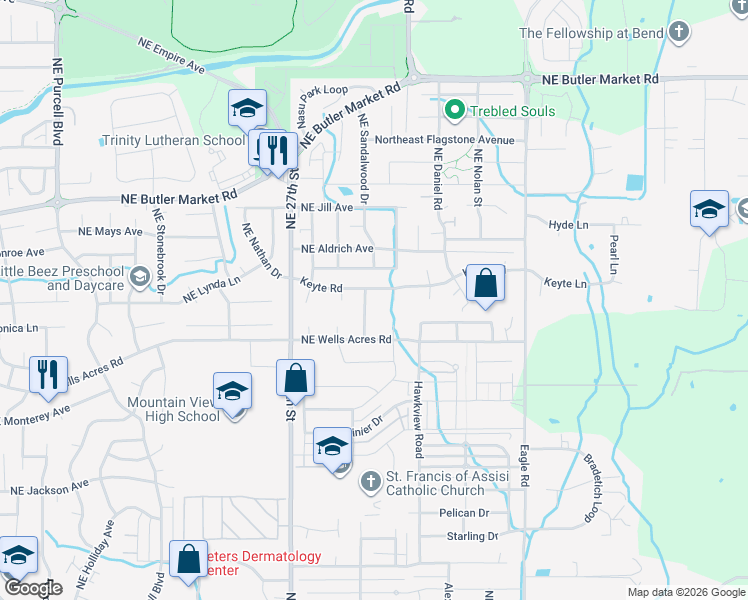 map of restaurants, bars, coffee shops, grocery stores, and more near 3016 Northeast Pacific Crest Drive in Bend