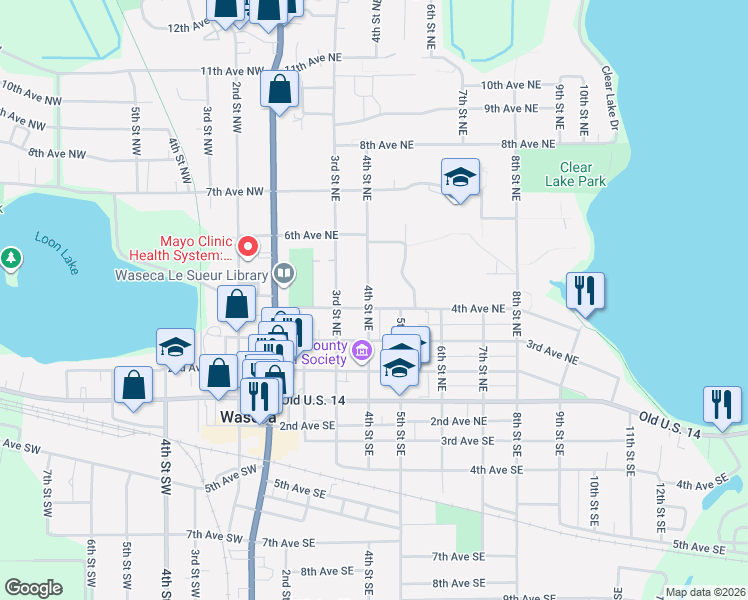 map of restaurants, bars, coffee shops, grocery stores, and more near in Waseca