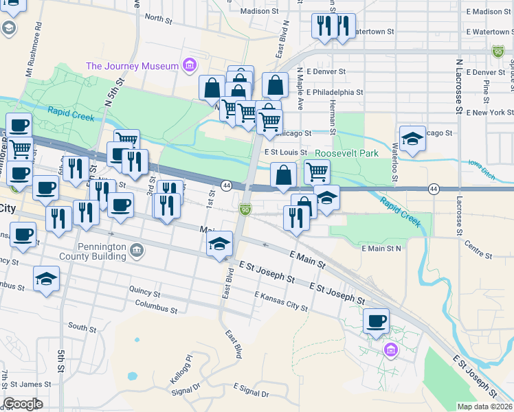 map of restaurants, bars, coffee shops, grocery stores, and more near 320 East Blvd in Rapid City
