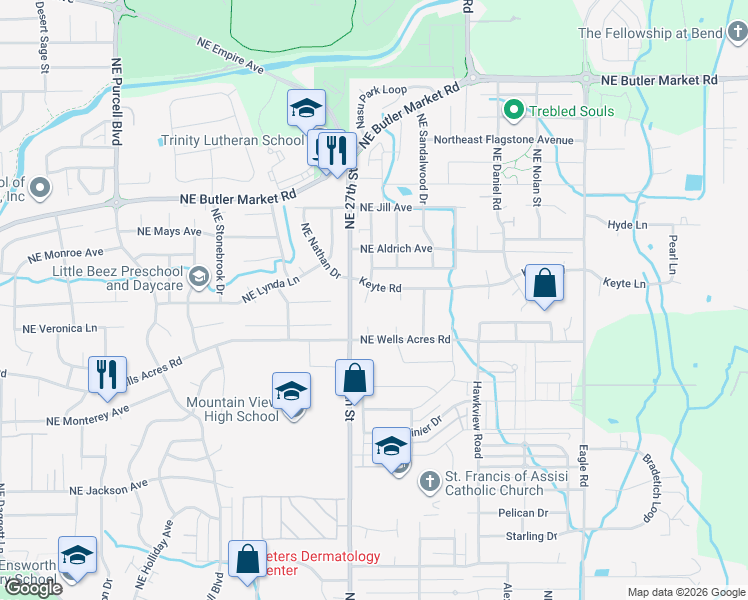map of restaurants, bars, coffee shops, grocery stores, and more near 3094 Northeast Delmas Street in Bend