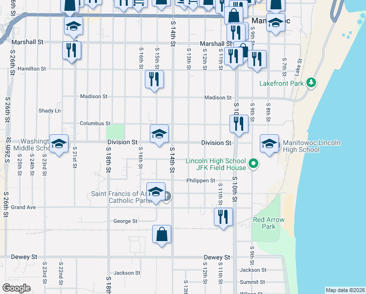 map of restaurants, bars, coffee shops, grocery stores, and more near 1513 South 14th Street in Manitowoc