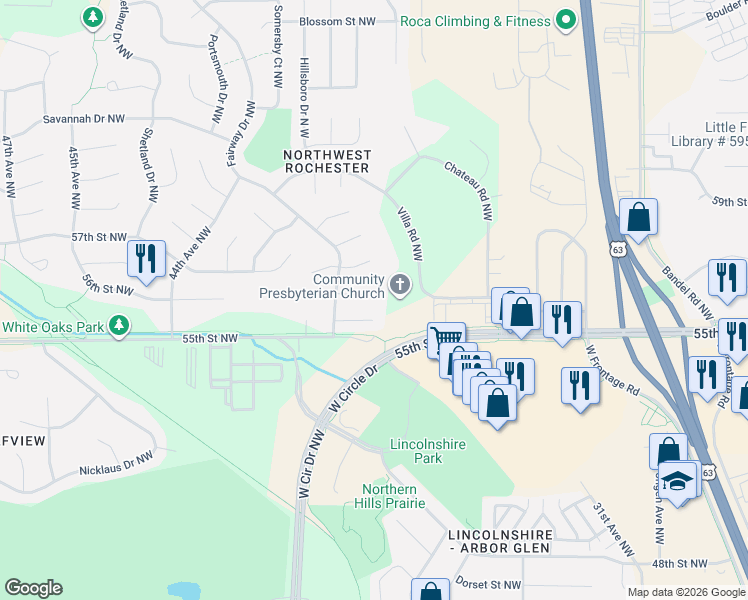 map of restaurants, bars, coffee shops, grocery stores, and more near 3859 Chesapeake Lane Northwest in Rochester