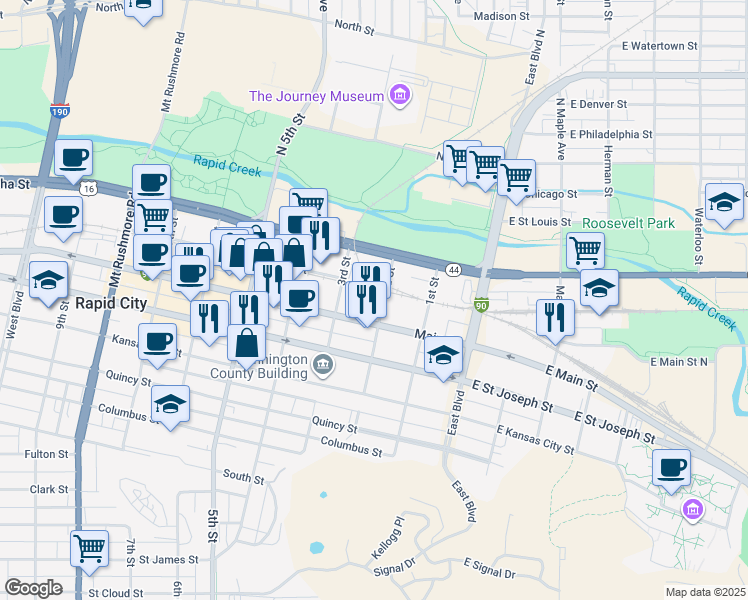 map of restaurants, bars, coffee shops, grocery stores, and more near 413 2nd Street in Rapid City