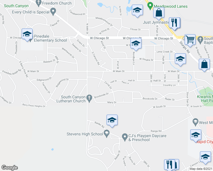 map of restaurants, bars, coffee shops, grocery stores, and more near 609 Circle Drive in Rapid City