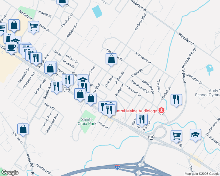map of restaurants, bars, coffee shops, grocery stores, and more near 9 Nash Street in Lewiston