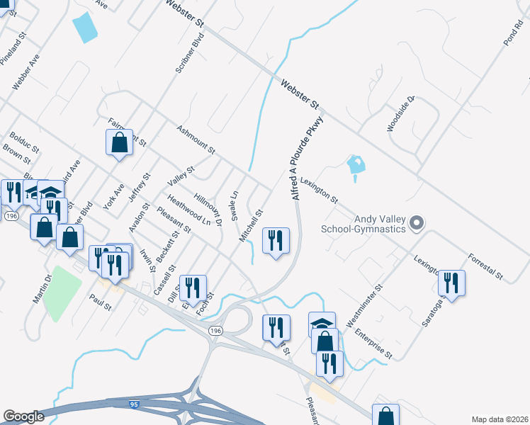 map of restaurants, bars, coffee shops, grocery stores, and more near 19 Mitchell Street in Lewiston