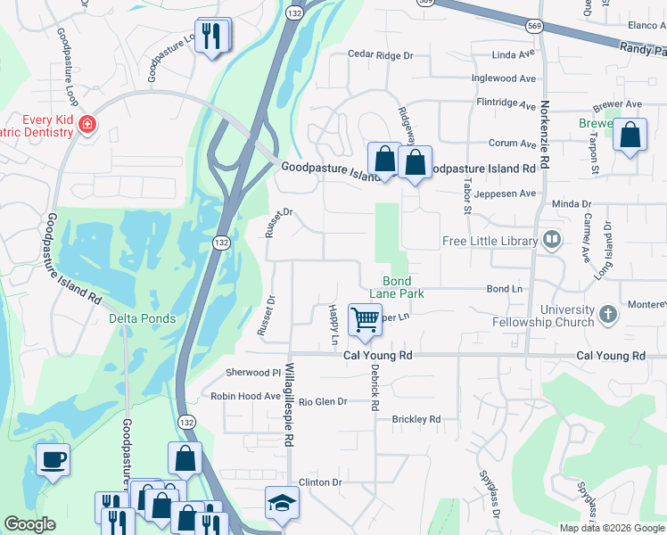 map of restaurants, bars, coffee shops, grocery stores, and more near 1144 Fir Acres Drive in Eugene