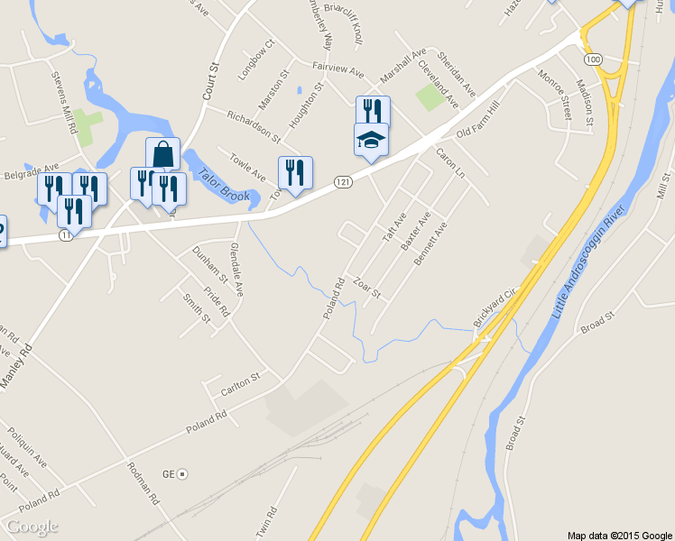 map of restaurants, bars, coffee shops, grocery stores, and more near 153 Poland Road in Auburn