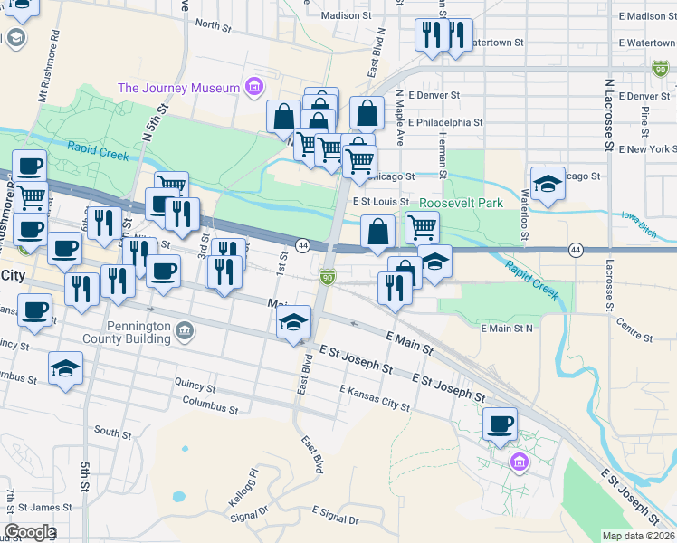 map of restaurants, bars, coffee shops, grocery stores, and more near 320 East Boulevard in Rapid City