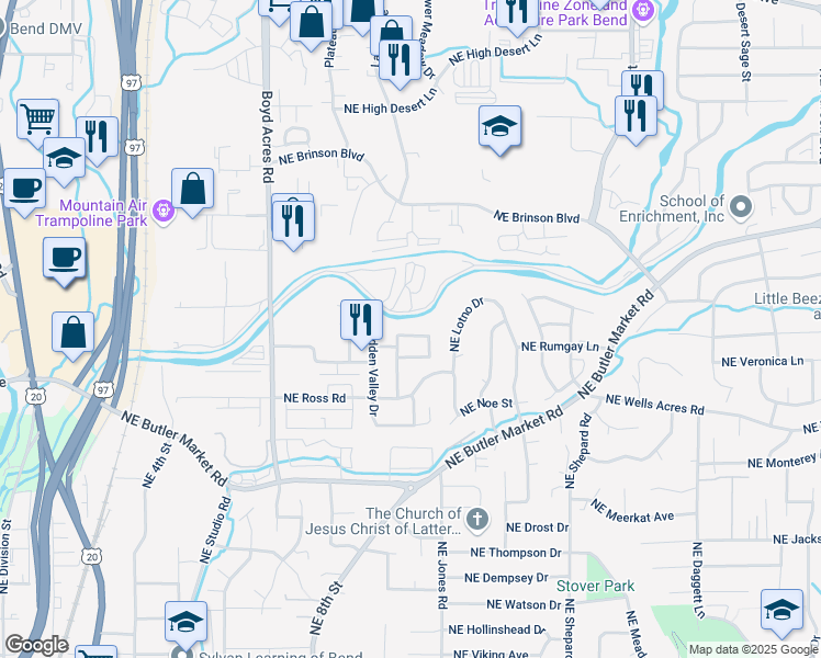 map of restaurants, bars, coffee shops, grocery stores, and more near 1109 Northeast Kayak Loop in Bend