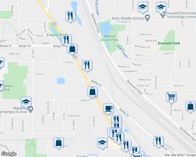 map of restaurants, bars, coffee shops, grocery stores, and more near 1768 Kintyre Street in Eugene