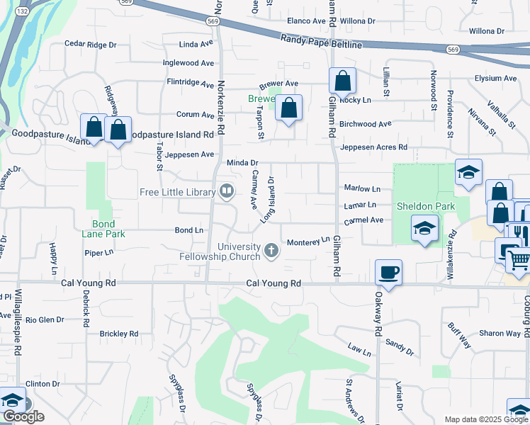 map of restaurants, bars, coffee shops, grocery stores, and more near 1630 Long Island Drive in Eugene