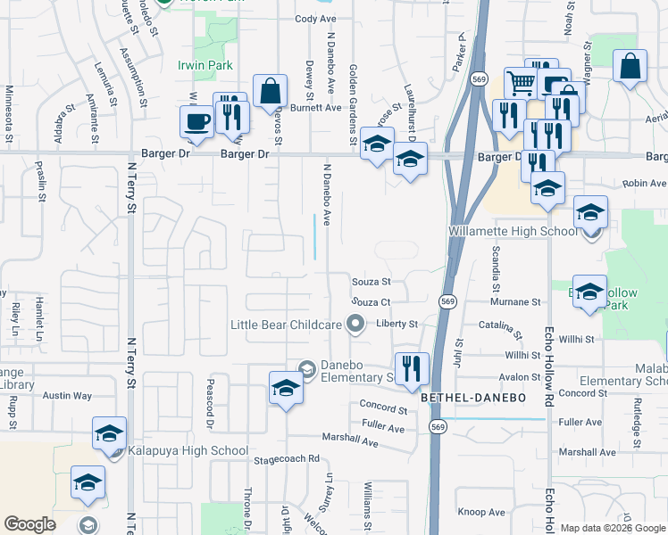 map of restaurants, bars, coffee shops, grocery stores, and more near 1727 North Danebo Avenue in Eugene