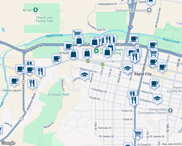 map of restaurants, bars, coffee shops, grocery stores, and more near 1307 Kansas City Street in Rapid City