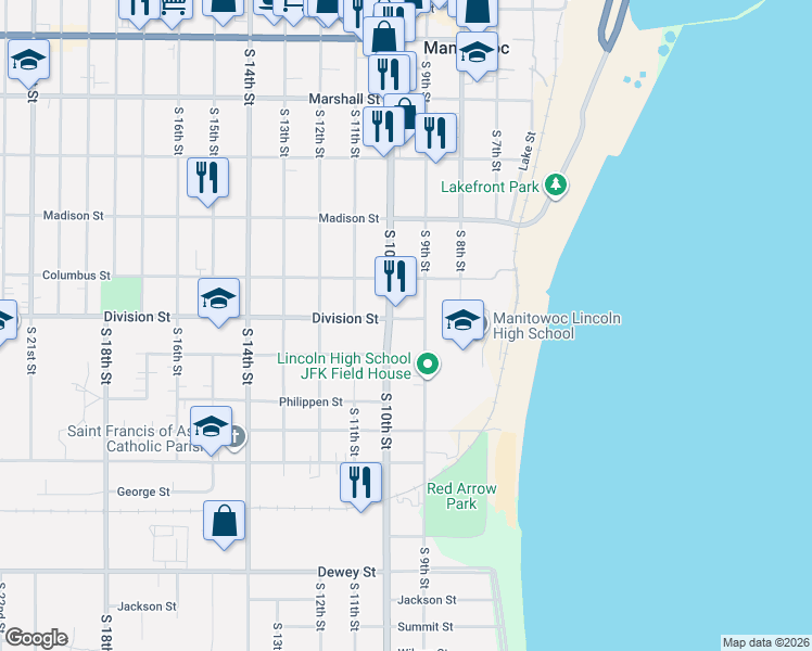 map of restaurants, bars, coffee shops, grocery stores, and more near 917 Division Street in Manitowoc