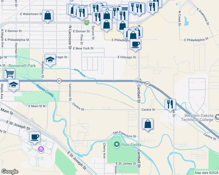 map of restaurants, bars, coffee shops, grocery stores, and more near 1033 East Omaha Street in Rapid City
