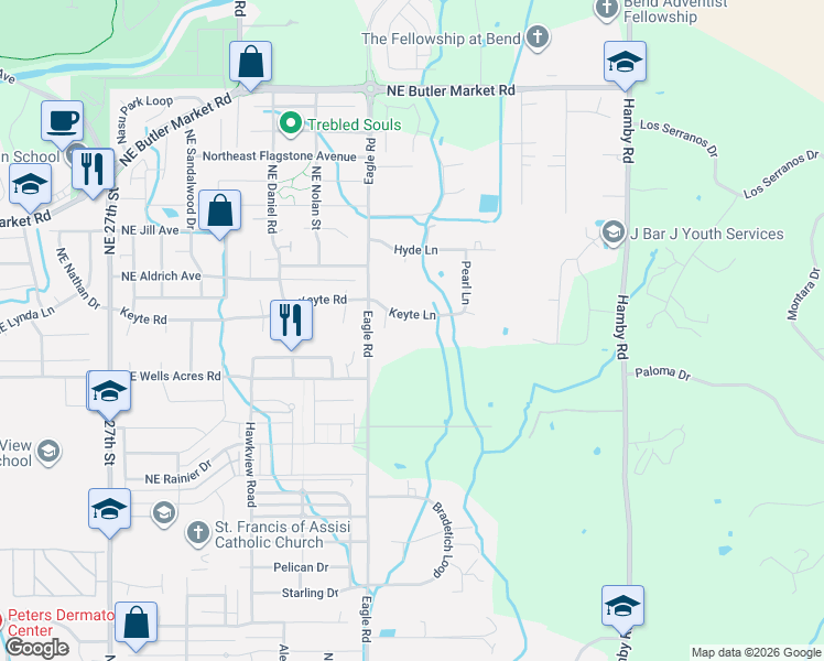 map of restaurants, bars, coffee shops, grocery stores, and more near 21421 Keyte Lane in Bend