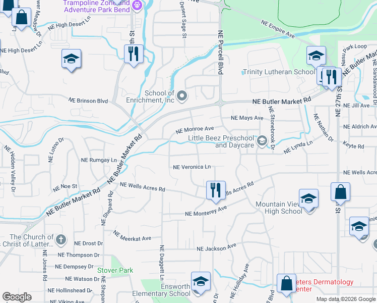 map of restaurants, bars, coffee shops, grocery stores, and more near 1917 Northeast Hollowtree Lane in Bend