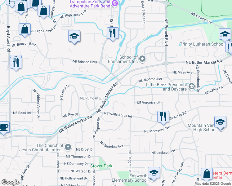 map of restaurants, bars, coffee shops, grocery stores, and more near 1627 Northeast Cackler Lane in Bend