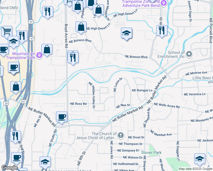 map of restaurants, bars, coffee shops, grocery stores, and more near 1109 Northeast Kayak Loop in Bend