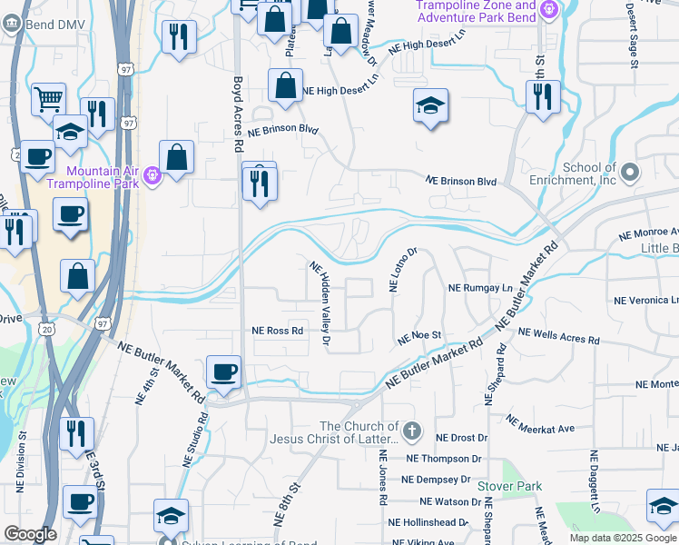 map of restaurants, bars, coffee shops, grocery stores, and more near 839 Northeast Hidden Valley Drive in Bend