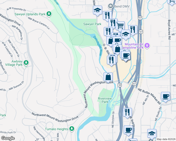 map of restaurants, bars, coffee shops, grocery stores, and more near 3061 Northwest Clubhouse Drive in Bend